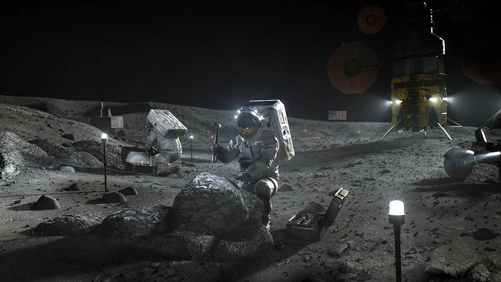 A photorealistic illustration of astronauts kneeling on the moon while they collect samples.