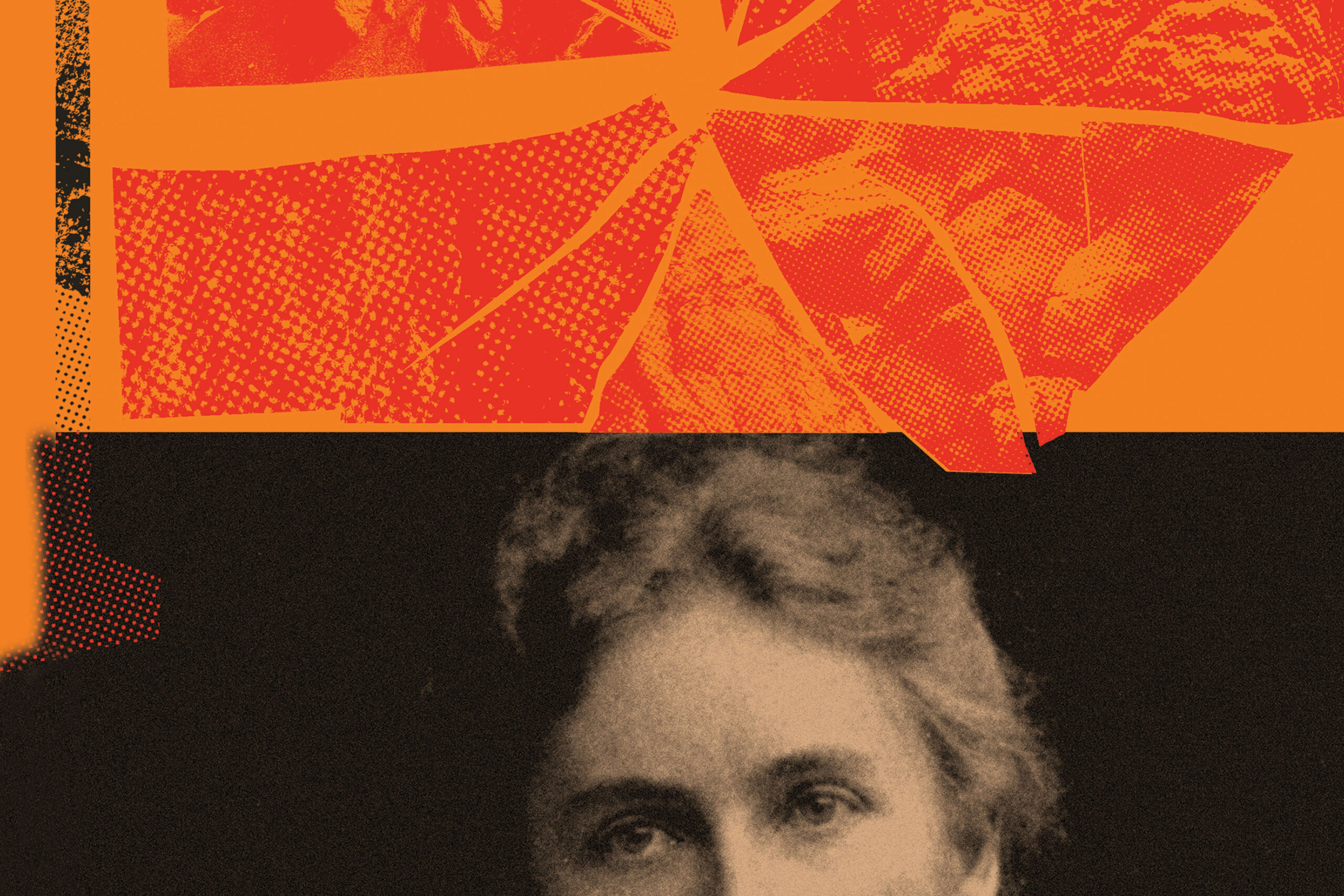 An illustration includes a black and white photo of a woman's face and orange topographical map elements