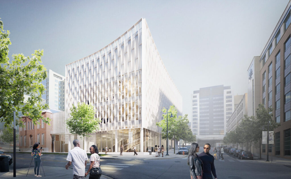 Architectural rendering of a modern, angular building