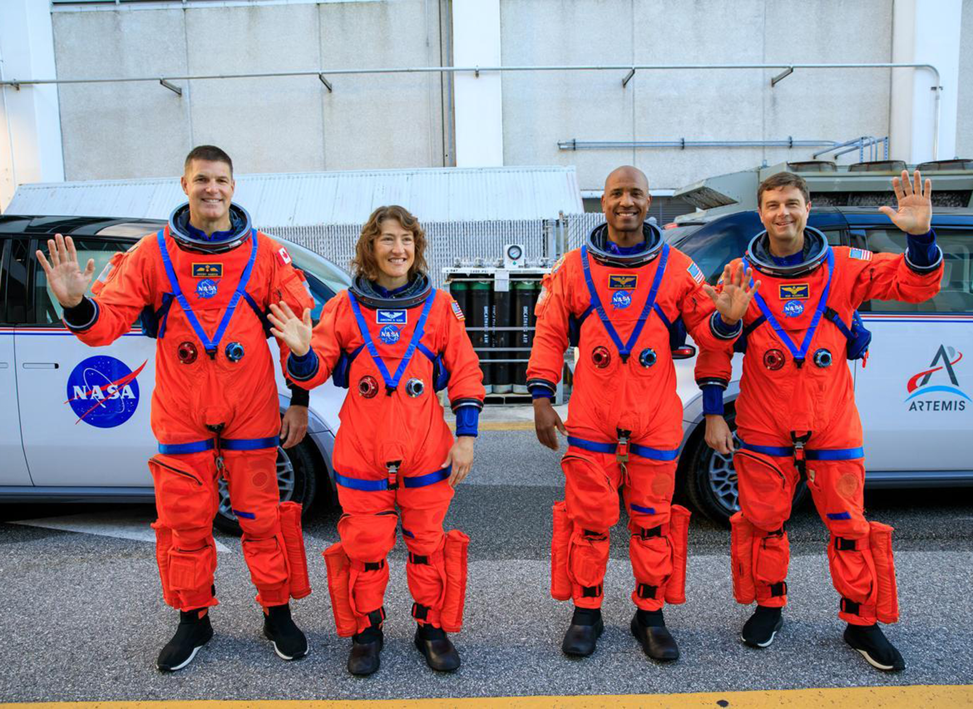 Artemis II crew members (from left): Canadian astronaut Jeremy Hansen and NASA astronauts Christina Koch, Victor Glover, and Reid Wiseman