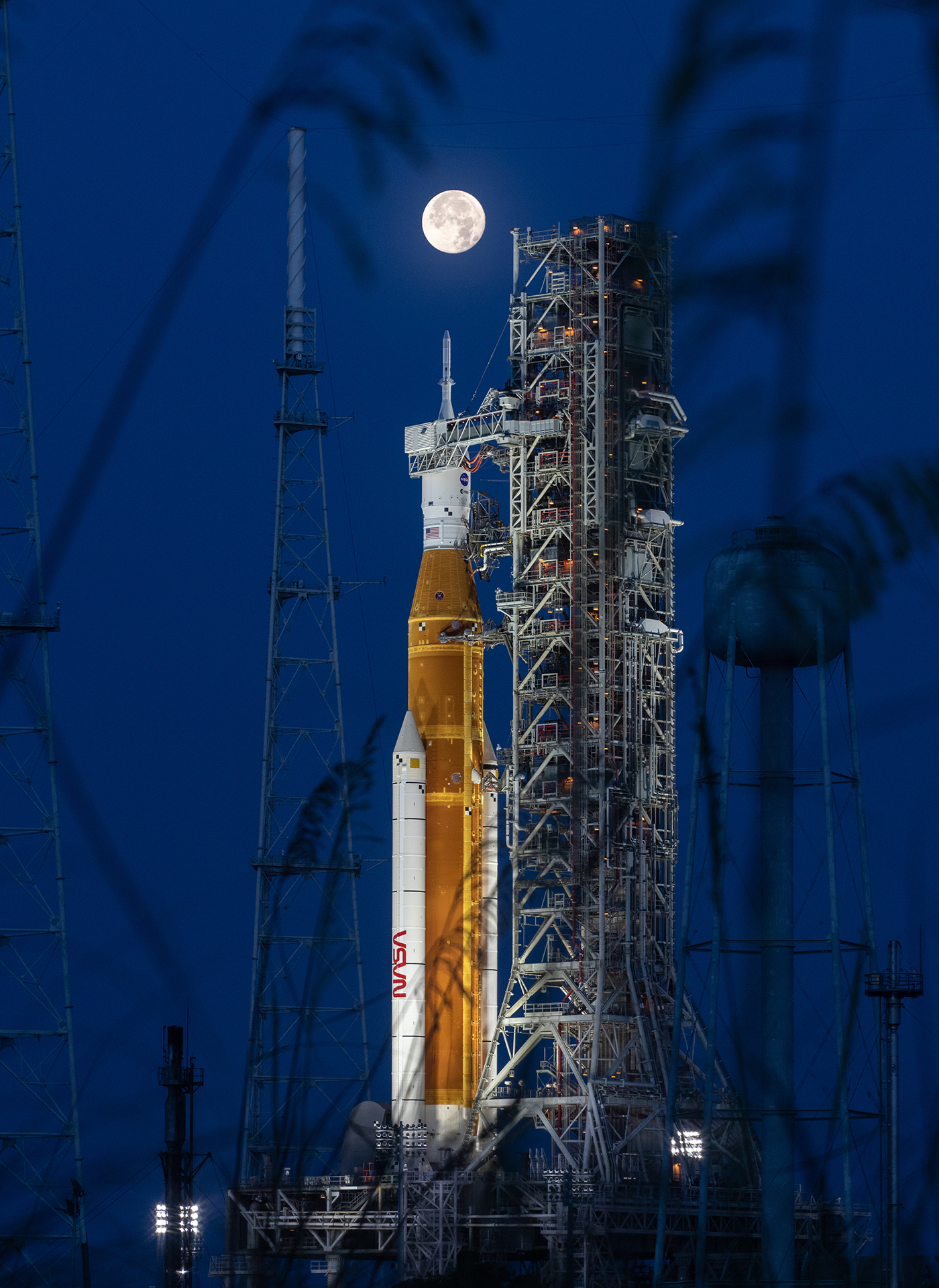 Prelaunch of Artemis I with a full moon in the background