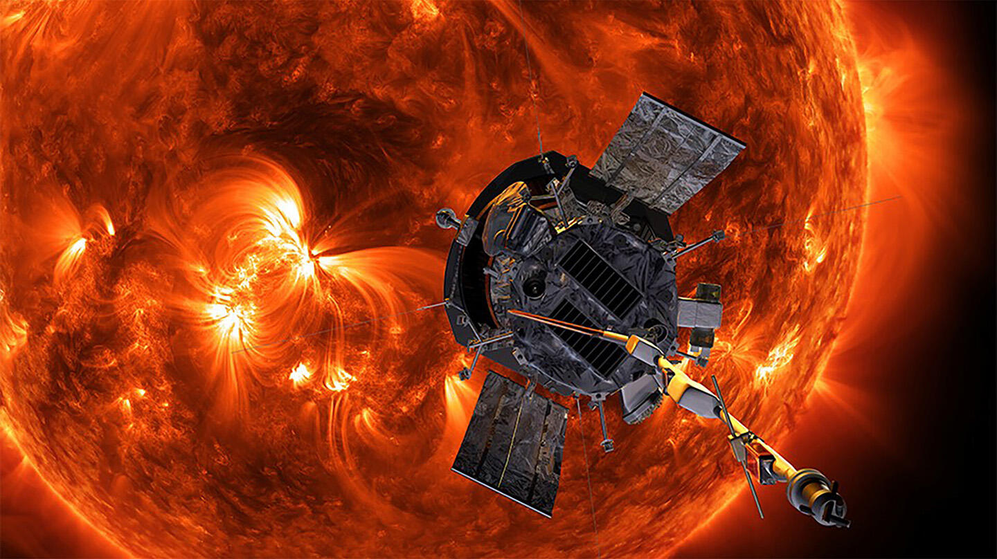 Parker Solar Probe is mounted atop its third-stage rocket motor with half of the 62.7-foot fairing that will encapsulate it.