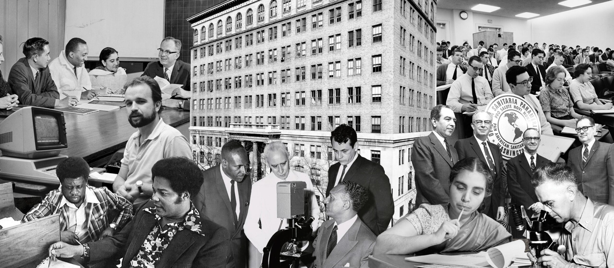 A collage of black and white historical images of people against the backdrop of a multistory building.